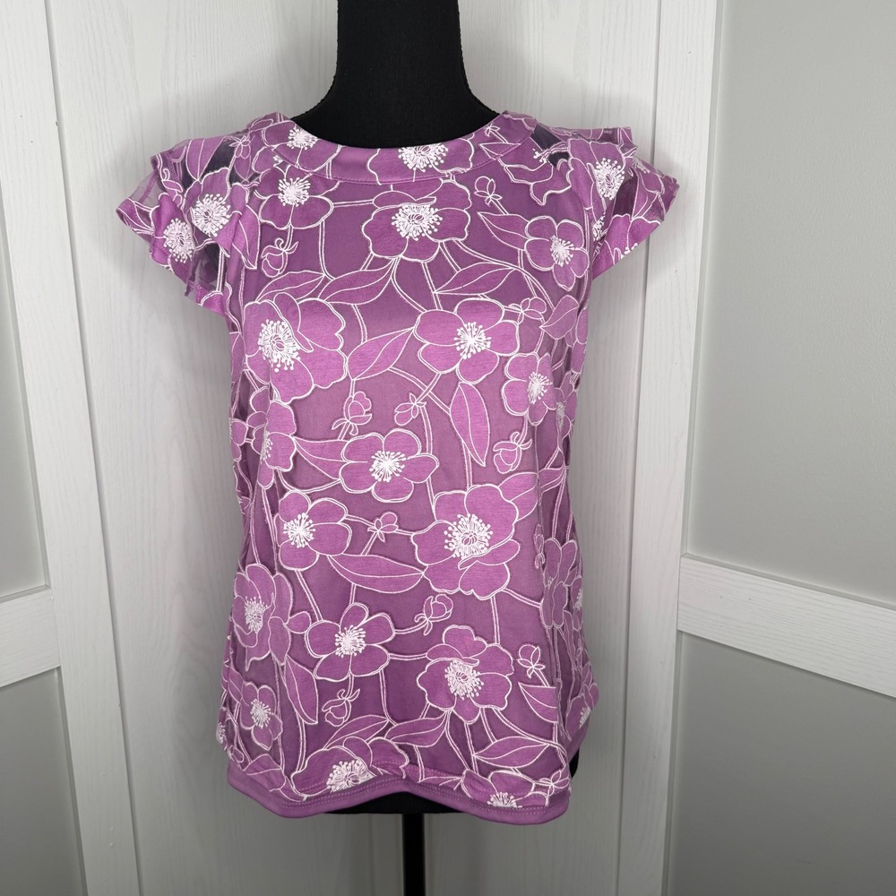 Notations Floral Blouse Women Size Small Purple Flutter Sleeve KBU3434